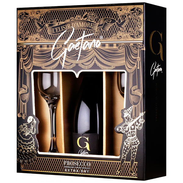 Вино игристое Белое Сухое Gaetano Prosecco Extra Dry with 2 glasses in gift box 0,75 л фото