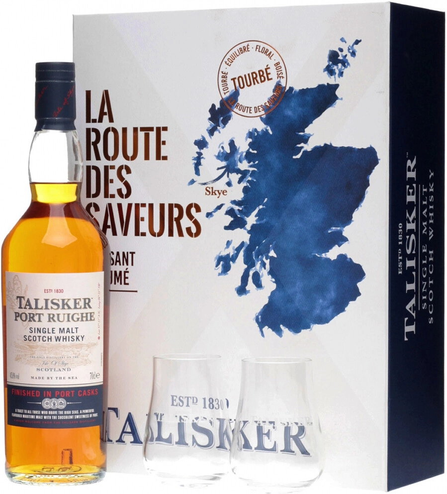 Виски Talisker Port Ruighe Single Malt Skye with 2 glasses in gift box 0,7 л фото